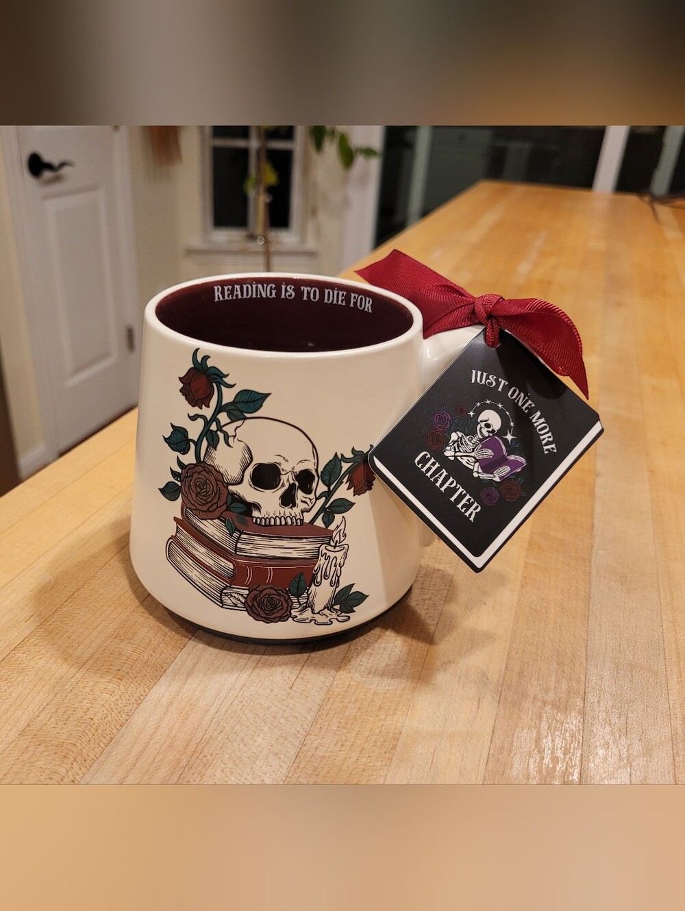 NEW Sunday Morning "Reading Is to Die For" Ceramic Mug With Burgundy Well